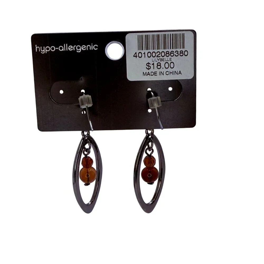 Vintage 1990s‎ Chico’s Silver Oval Amber Bead Dangle Earrings Modern Minimalist